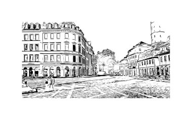 Mainz 'in simgesi olan Print Building View Almanya' da yer almaktadır. Vektörde elle çizilmiş çizim çizimi.