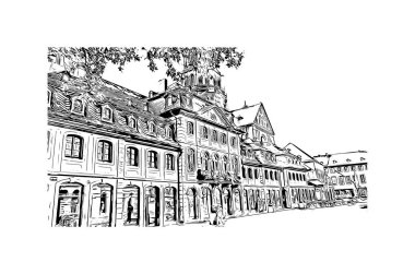 Mainz 'in simgesi olan Print Building View Almanya' da yer almaktadır. Vektörde elle çizilmiş çizim çizimi.