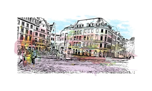 Print Building View Landmark Mainz City Germany Watercolor Splash Hand — Stock Vector
