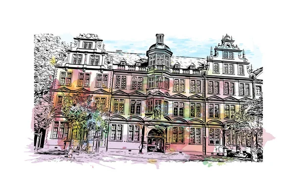 Print Gebouwenzicht Met Bezienswaardigheid Mainz Stad Duitsland Aquarel Plons Met — Stockvector