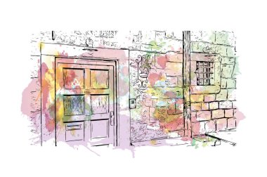 Makarska 'nın tarihi yapısına sahip Print Building Hırvatistan' ın kentidir. Vektörde elle çizilmiş resim ile suluboya sıçraması.