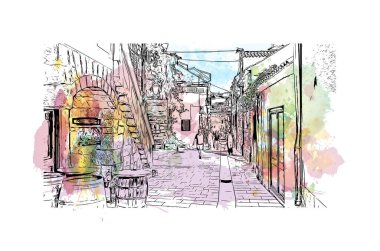 Makarska 'nın tarihi yapısına sahip Print Building Hırvatistan' ın kentidir. Vektörde elle çizilmiş resim ile suluboya sıçraması.