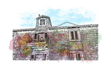 Makarska 'nın tarihi yapısına sahip Print Building Hırvatistan' ın kentidir. Vektörde elle çizilmiş resim ile suluboya sıçraması.