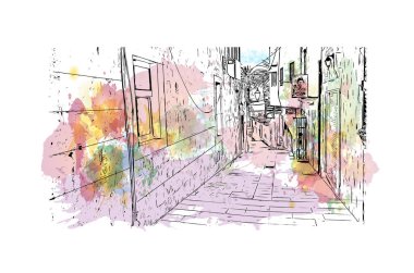 Makarska 'nın tarihi yapısına sahip Print Building Hırvatistan' ın kentidir. Vektörde elle çizilmiş resim ile suluboya sıçraması.