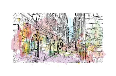 Makarska 'nın tarihi yapısına sahip Print Building Hırvatistan' ın kentidir. Vektörde elle çizilmiş resim ile suluboya sıçraması.