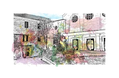 Makarska 'nın tarihi yapısına sahip Print Building Hırvatistan' ın kentidir. Vektörde elle çizilmiş resim ile suluboya sıçraması.