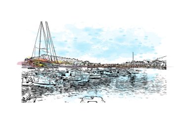 Makarska 'nın tarihi yapısına sahip Print Building Hırvatistan' ın kentidir. Vektörde elle çizilmiş resim ile suluboya sıçraması.