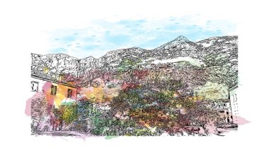 Makarska 'nın tarihi yapısına sahip Print Building Hırvatistan' ın kentidir. Vektörde elle çizilmiş resim ile suluboya sıçraması.