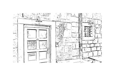 Makarska 'nın tarihi yapısına sahip Print Building Hırvatistan' ın kentidir. Vektörde elle çizilmiş çizim çizimi.