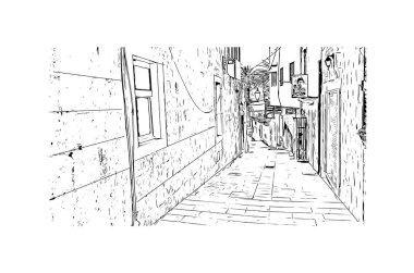 Makarska 'nın tarihi yapısına sahip Print Building Hırvatistan' ın kentidir. Vektörde elle çizilmiş çizim çizimi.