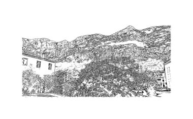 Makarska 'nın tarihi yapısına sahip Print Building Hırvatistan' ın kentidir. Vektörde elle çizilmiş çizim çizimi.