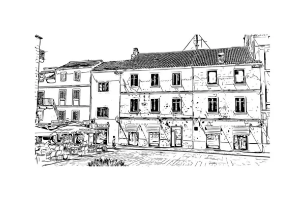 Imprimir Vista Del Edificio Con Hito Makarska Ciudad Croacia Dibujo — Vector de stock