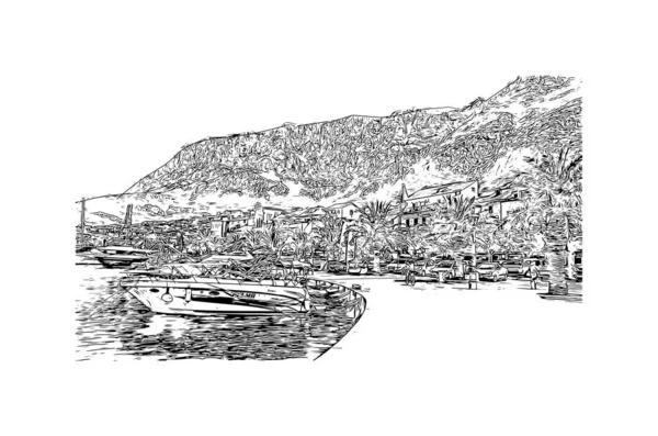 印刷Makarskaのランドマークとビルの景色はクロアチアの街です 手描きのスケッチ図ベクトル — ストックベクタ