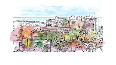 Print Building view, İspanya 'nın Malaga eyaletinde yer alan bir şehirdir. Vektörde elle çizilmiş resim ile suluboya sıçraması.