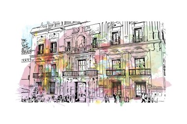 Print Building view, İspanya 'nın Malaga eyaletinde yer alan bir şehirdir. Vektörde elle çizilmiş resim ile suluboya sıçraması.