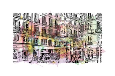 Print Building view, İspanya 'nın Malaga eyaletinde yer alan bir şehirdir. Vektörde elle çizilmiş resim ile suluboya sıçraması.