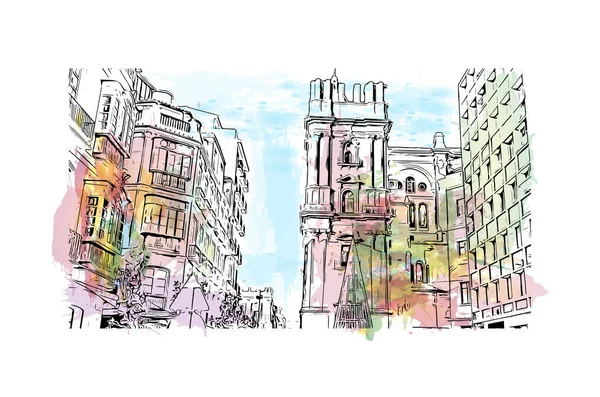 Print Building View Landmark Malaga Kommun Spanien Akvarell Stänk Med — Stock vektor