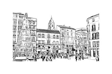 Print Building view, İspanya 'nın Malaga eyaletinde yer alan bir şehirdir. Vektörde elle çizilmiş çizim çizimi.