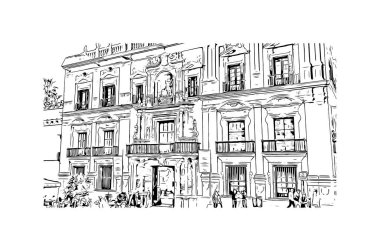 Print Building view, İspanya 'nın Malaga eyaletinde yer alan bir şehirdir. Vektörde elle çizilmiş çizim çizimi.