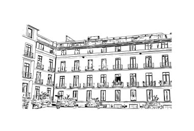 Print Building view, İspanya 'nın Malaga eyaletinde yer alan bir şehirdir. Vektörde elle çizilmiş çizim çizimi.