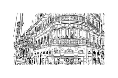 Print Building view, İspanya 'nın Malaga eyaletinde yer alan bir şehirdir. Vektörde elle çizilmiş çizim çizimi.