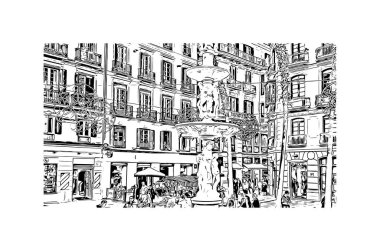 Print Building view, İspanya 'nın Malaga eyaletinde yer alan bir şehirdir. Vektörde elle çizilmiş çizim çizimi.