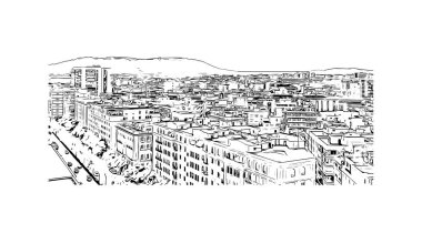 Print Building view, İspanya 'nın Malaga eyaletinde yer alan bir şehirdir. Vektörde elle çizilmiş çizim çizimi.