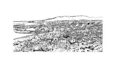 Print Building view, İspanya 'nın Malaga eyaletinde yer alan bir şehirdir. Vektörde elle çizilmiş çizim çizimi.