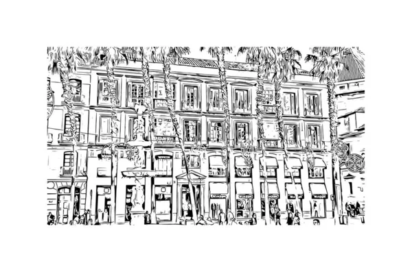 Print Vue Sur Bâtiment Avec Monument Historique Malaga Est Une — Image vectorielle
