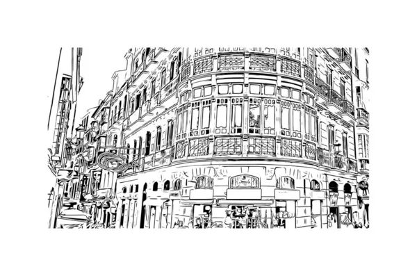 Print Building view, İspanya 'nın Malaga eyaletinde yer alan bir şehirdir. Vektörde elle çizilmiş çizim çizimi.
