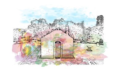 Print Building view with landmark of Malia is the town in Greece. Vektörde elle çizilmiş resim ile suluboya sıçraması.