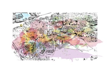 Print Building view with landmark of Malia is the town in Greece. Vektörde elle çizilmiş resim ile suluboya sıçraması.