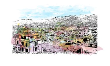 Print Building view with landmark of Malia is the town in Greece. Vektörde elle çizilmiş resim ile suluboya sıçraması.