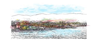 Print Building view with landmark of Malia is the town in Greece. Vektörde elle çizilmiş resim ile suluboya sıçraması.