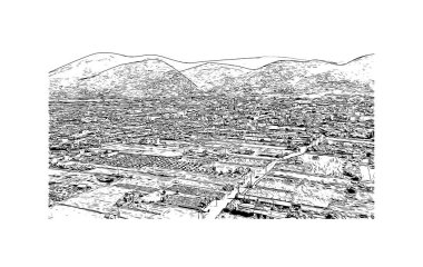 Print Building view with landmark of Malia is the town in Greece. Vektörde elle çizilmiş çizim çizimi.