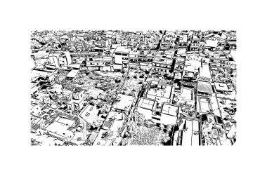 Print Building view with landmark of Malia is the town in Greece. Vektörde elle çizilmiş çizim çizimi.