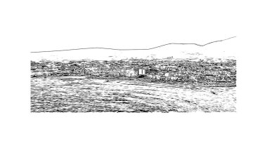 Print Building view with landmark of Malia is the town in Greece. Vektörde elle çizilmiş çizim çizimi.