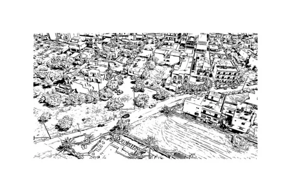 印刷マリアのランドマークとビルの景色はギリシャの町です 手描きのスケッチ図ベクトル — ストックベクタ