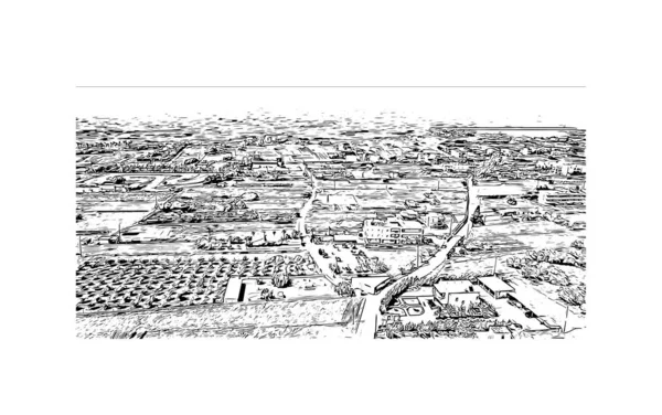 具有玛莉亚地标的印刷建筑景观是希腊的小镇 矢量手绘草图 — 图库矢量图片