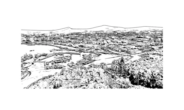 말리아의 랜드마크가 전경은 그리스에 마을입니다 벡터로 손으로 스케치 — 스톡 벡터