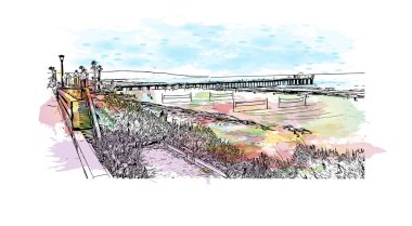 Manhattan Sahili manzaralı Print Building, Kaliforniya 'da bir şehirdir. Vektörde elle çizilmiş resim ile suluboya sıçraması.