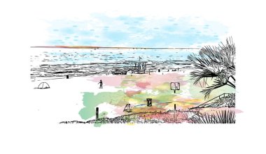 Manhattan Sahili manzaralı Print Building, Kaliforniya 'da bir şehirdir. Vektörde elle çizilmiş resim ile suluboya sıçraması.