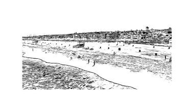 Manhattan Sahili manzaralı Print Building, Kaliforniya 'da bir şehirdir. Vektörde elle çizilmiş çizim çizimi.