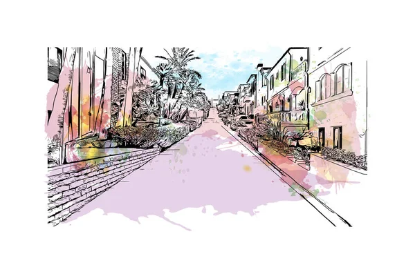 Vytisknout Pohled Budovu Orientačním Bodem Manhattan Beach Město Kalifornii Akvarelové — Stockový vektor