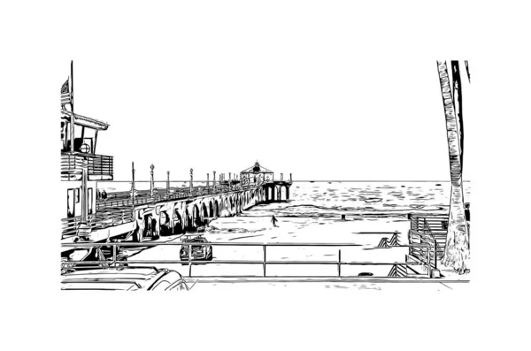 Imprimir Vista Del Edificio Con Punto Referencia Manhattan Beach Ciudad — Archivo Imágenes Vectoriales