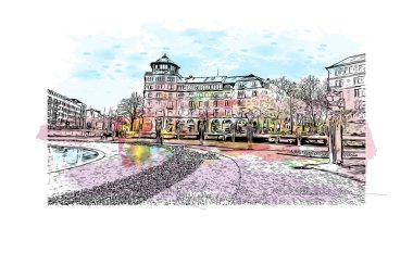 Print Building view with landmark of Mannheim is the city of Germany. Vektörde elle çizilmiş resim ile suluboya sıçraması.