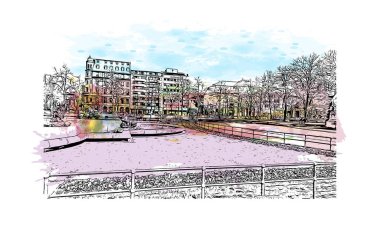 Print Building view with landmark of Mannheim is the city of Germany. Vektörde elle çizilmiş resim ile suluboya sıçraması.