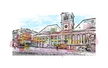 Print Building view with landmark of Mannheim is the city of Germany. Vektörde elle çizilmiş resim ile suluboya sıçraması.