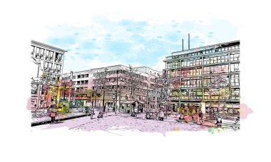 Print Building view with landmark of Mannheim is the city of Germany. Vektörde elle çizilmiş resim ile suluboya sıçraması.