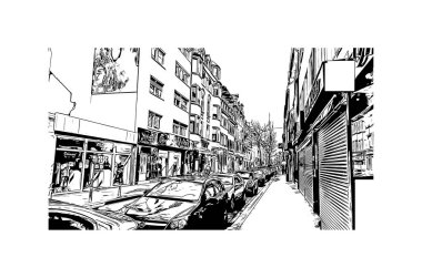 Print Building view with landmark of Mannheim is the city of Germany. Vektörde elle çizilmiş çizim çizimi.